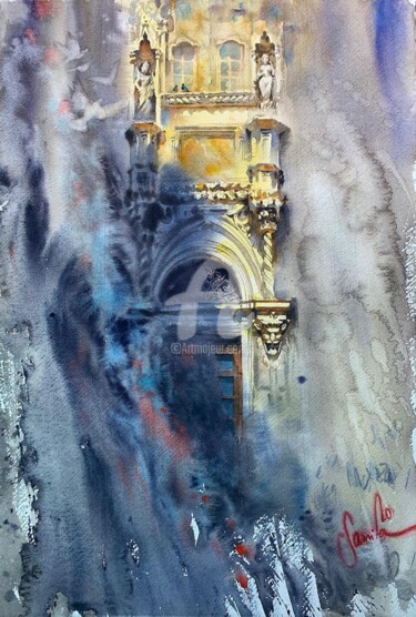 Malerei mit dem Titel "Abstraction city" von Samira Yanushkova, Original-Kunstwerk, Aquarell