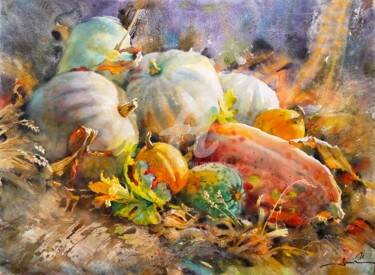 Painting titled "Pumpkin" by Samira Yanushkova, Original Artwork, Watercolor