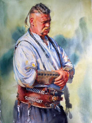 Painting titled "Kozak with a whip" by Samira Yanushkova, Original Artwork, Watercolor
