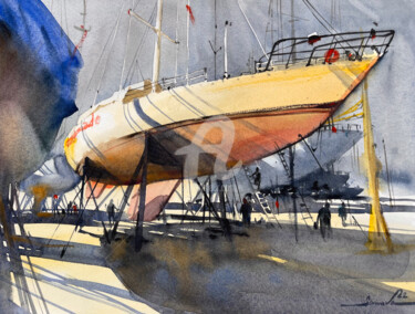 Malerei mit dem Titel "Yachts painting wat…" von Samira Yanushkova, Original-Kunstwerk, Aquarell