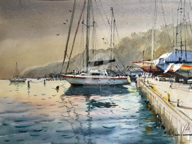 Pintura intitulada "Yacht on the coast.…" por Samira Yanushkova, Obras de arte originais, Aquarela