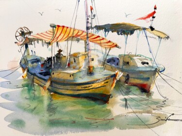 Pittura intitolato "Fishing boat" da Samira Yanushkova, Opera d'arte originale, Acquarello