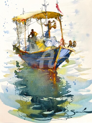 Painting titled "Old fishing ship" by Samira Yanushkova, Original Artwork, Watercolor