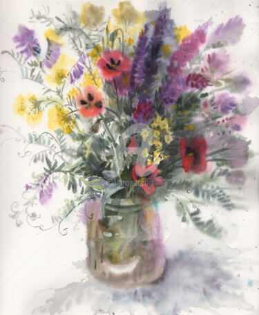 Painting titled "Provence bouquet of…" by Samira Yanushkova, Original Artwork, Watercolor