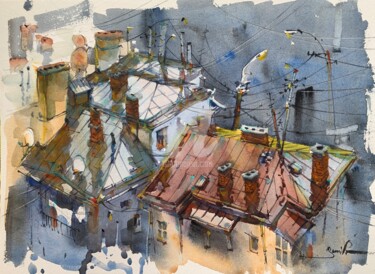 Peinture intitulée "Roofs" par Samira Yanushkova, Œuvre d'art originale, Aquarelle