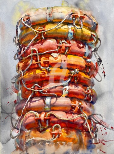 Painting titled "Life buoys" by Samira Yanushkova, Original Artwork, Watercolor