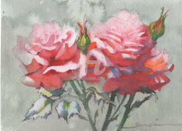 Painting titled "Rose flowers" by Samira Yanushkova, Original Artwork, Watercolor