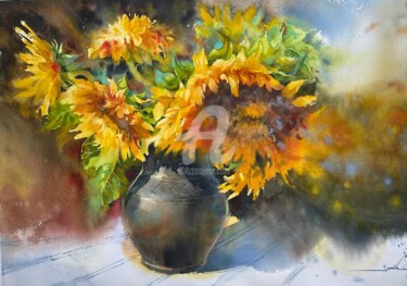 Картина под названием "Sunflowers in a jar" - Samira Yanushkova, Подлинное произведение искусства, Акварель