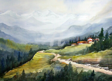 Картина под названием "Mountain Himalaya L…" - Samiran Sarkar, Подлинное произведение искусства, Акварель