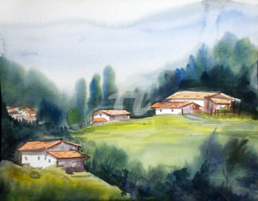 Pintura intitulada "Mountain Village Hi…" por Samiran Sarkar, Obras de arte originais, Aquarela