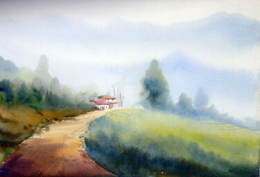 Malerei mit dem Titel "Misty Himalaya Rura…" von Samiran Sarkar, Original-Kunstwerk, Aquarell