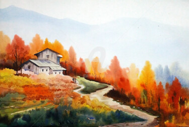 Pittura intitolato "Autumn Mountain For…" da Samiran Sarkar, Opera d'arte originale, Acquarello