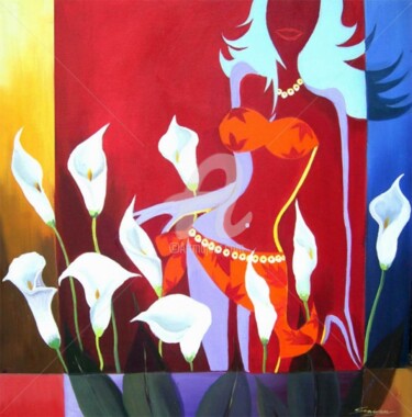 Картина под названием "Lady with Flowers" - Samiran Sarkar, Подлинное произведение искусства, Масло