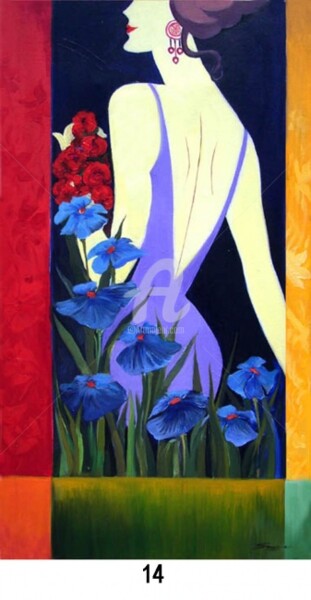 Pintura intitulada "Lady with Flowers-2" por Samiran Sarkar, Obras de arte originais