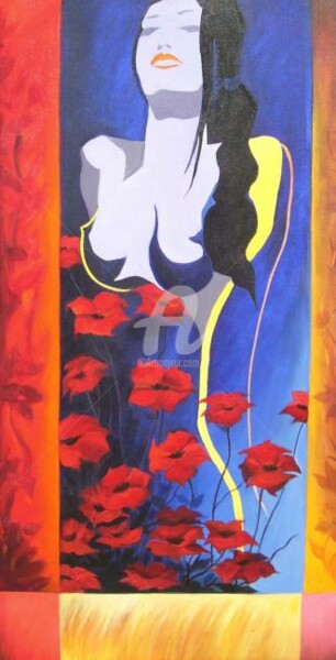 Malerei mit dem Titel "Lady with Flowers" von Samiran Sarkar, Original-Kunstwerk
