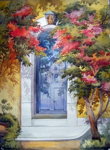 Ζωγραφική με τίτλο "Blue Door and Flowe…" από Samiran Sarkar, Αυθεντικά έργα τέχνης, Ακουαρέλα