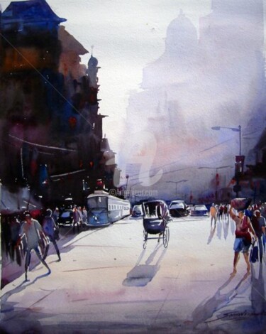 Painting titled "City Morning Light" by Samiran Sarkar, Original Artwork, Oil