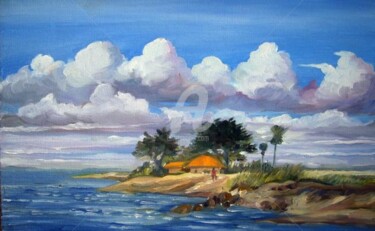 Painting titled "Village and River" by Samiran Sarkar, Original Artwork, Oil