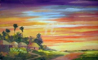 Peinture intitulée "Village sunset" par Samiran Sarkar, Œuvre d'art originale, Huile