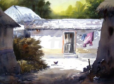 Painting titled "Village at Light" by Samiran Sarkar, Original Artwork