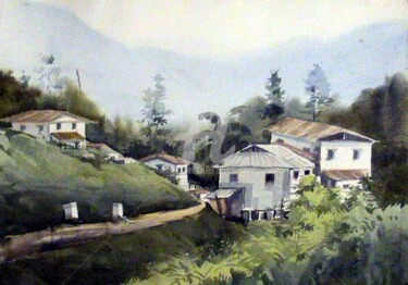 Peinture intitulée "Mountain Village" par Samiran Sarkar, Œuvre d'art originale