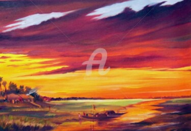 Peinture intitulée "Sunset on village" par Samiran Sarkar, Œuvre d'art originale, Huile