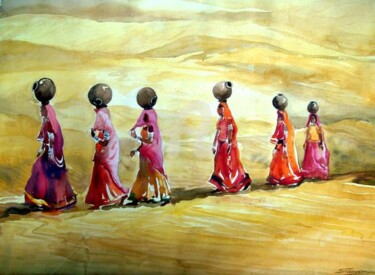 Peinture intitulée "Rajesthani Village…" par Samiran Sarkar, Œuvre d'art originale, Huile