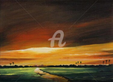 Painting titled "Sunset on Village" by Samiran Sarkar, Original Artwork, Oil