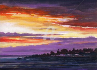 Painting titled "Sunset on river" by Samiran Sarkar, Original Artwork, Oil