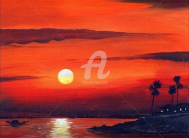 Painting titled "Sunset on Bengal Ri…" by Samiran Sarkar, Original Artwork, Oil