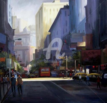 Painting titled "City street at Morn…" by Samiran Sarkar, Original Artwork, Oil