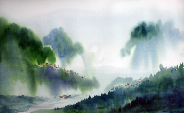 Картина под названием "Misty Himalaya Moun…" - Samiran Sarkar, Подлинное произведение искусства, Акварель