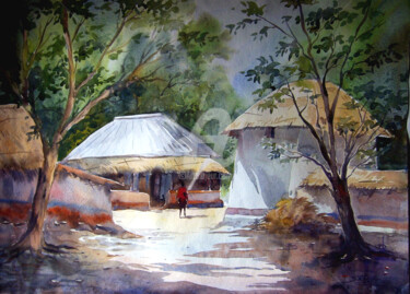Pittura intitolato "Morning Village Lig…" da Samiran Sarkar, Opera d'arte originale, Acquarello