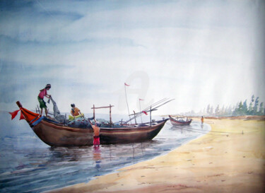 Peinture intitulée "Fishermen & Fishing…" par Samiran Sarkar, Œuvre d'art originale, Aquarelle