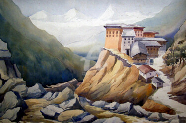 Malarstwo zatytułowany „Landscape of Himala…” autorstwa Samiran Sarkar, Oryginalna praca, Akwarela