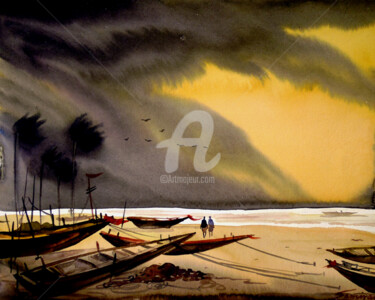 Картина под названием "Storm & Boats-water…" - Samiran Sarkar, Подлинное произведение искусства, Акварель