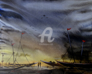 Peinture intitulée "Storm & Fishing Boa…" par Samiran Sarkar, Œuvre d'art originale, Aquarelle