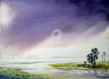 Pintura intitulada "Rainy Day-Watercolo…" por Samiran Sarkar, Obras de arte originais, Aquarela