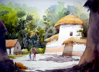 Peinture intitulée "Village at Bengal-W…" par Samiran Sarkar, Œuvre d'art originale, Aquarelle
