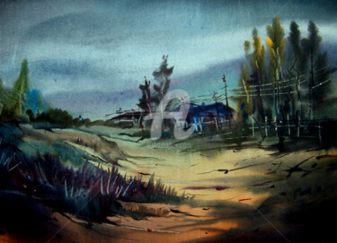 Peinture intitulée "Monsoon Landscape-W…" par Samiran Sarkar, Œuvre d'art originale, Aquarelle