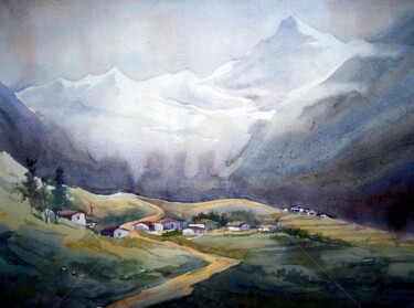 Peinture intitulée "Landscape of Himala…" par Samiran Sarkar, Œuvre d'art originale, Aquarelle