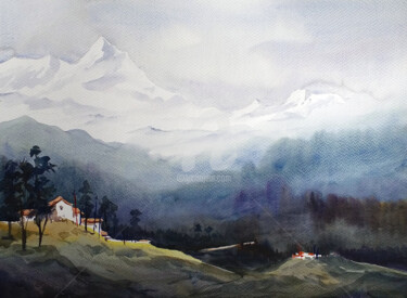 Картина под названием "Himalaya Landsacpe" - Samiran Sarkar, Подлинное произведение искусства, Акварель