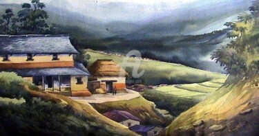 Peinture intitulée "Village of Himalaya" par Samiran Sarkar, Œuvre d'art originale