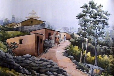 Painting titled "Village in Sikim" by Samiran Sarkar, Original Artwork
