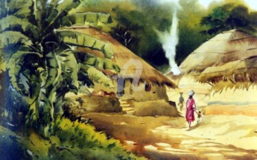 Painting titled "Village path at noon" by Samiran Sarkar, Original Artwork