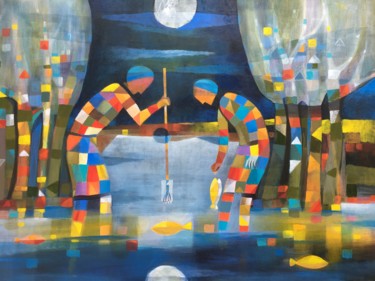 Peinture intitulée "Geometric fishing (…" par Samiran Boruah, Œuvre d'art originale, Acrylique Monté sur Châssis en bois