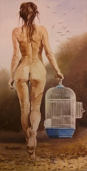Painting titled "Op zoek naar vrijhe…" by Sam Masoud, Original Artwork, Oil