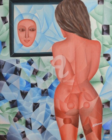Peinture intitulée "LA FEMME AU MIROIR" par Salvador  Moreno, Œuvre d'art originale, Huile