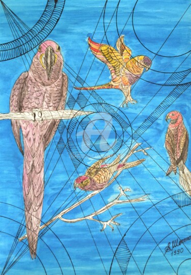 Desenho intitulada "LES PERRUCHES" por Salvador  Moreno, Obras de arte originais, Marcador