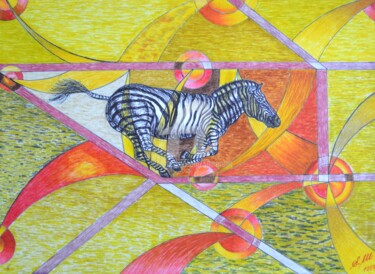 Drawing titled "ZEBRE DANS LA SAVANE" by Salvador  Moreno, Original Artwork, Marker